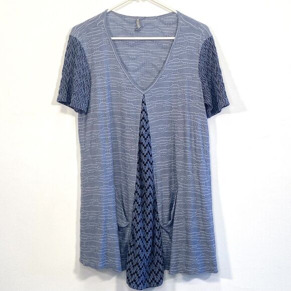 Nyah Tunic Top Small Blue Black Short Sleeves Pockets Mixed Texture Lagenlook - Picture 1 of 8